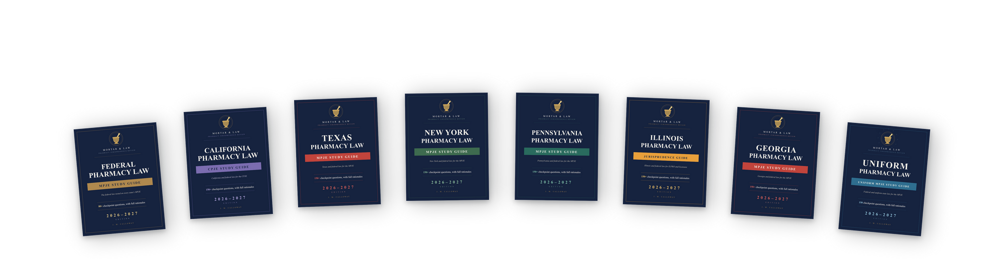 All eight Mortar and Law study guides fanned together